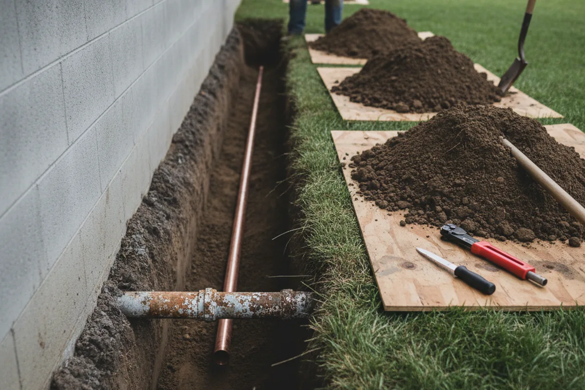 Excavated water line trench during Water Heater Repair in Bryn Mawr
